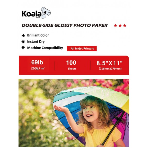 Koala Double Sided High Glossy Photo Paper 8.5x11 Inches 100 Sheets 260gsm only Compatible with Inkjet Printer