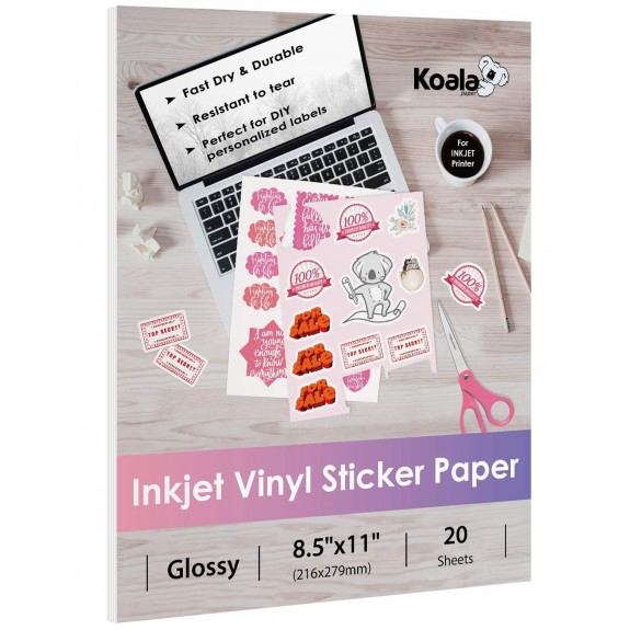 Koala Vinyl Sticker Paper Glossy Printable Label Waterproof 8.5x11 Inches Full Sheet for Inkjet Printer 20 Sheets