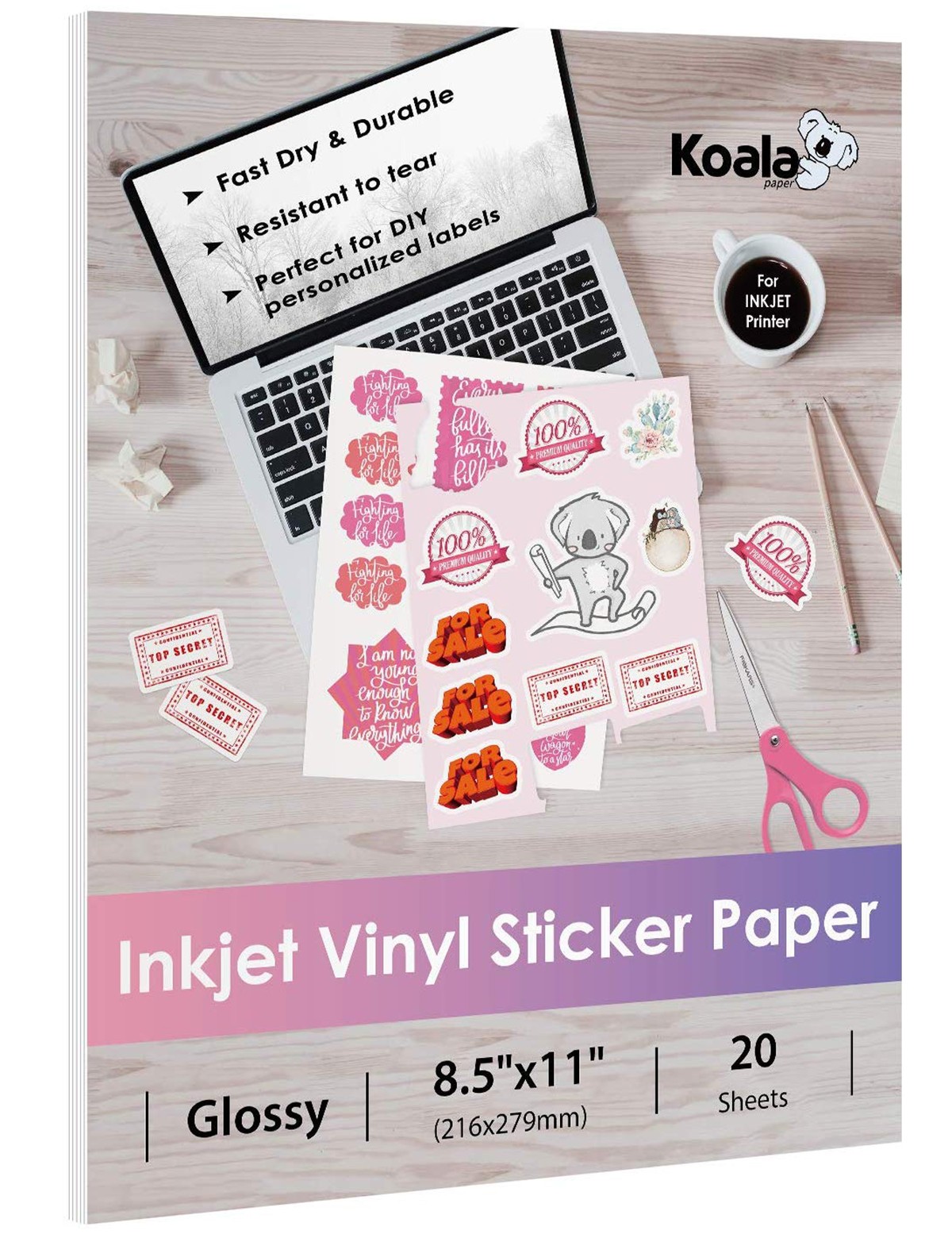 Koala Vinyl Sticker Paper Glossy Printable Label Waterproof 8.5x11 Inches  Full Sheet for Inkjet Printer 20 Sheets