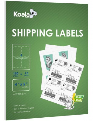 Koala 4-UP Shipping Labels 4x5 Inch Adhesive Label Stickers for Laser & Inkjet Printers, 25 Sheets 100 Labels