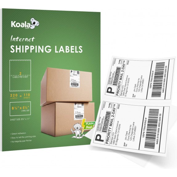 Koala 110 Sheets, 220 Count Half Sheet Self Adhesive Shipping Labels,5-1/2 X 8-1/2 Inch, 2 per Sheet