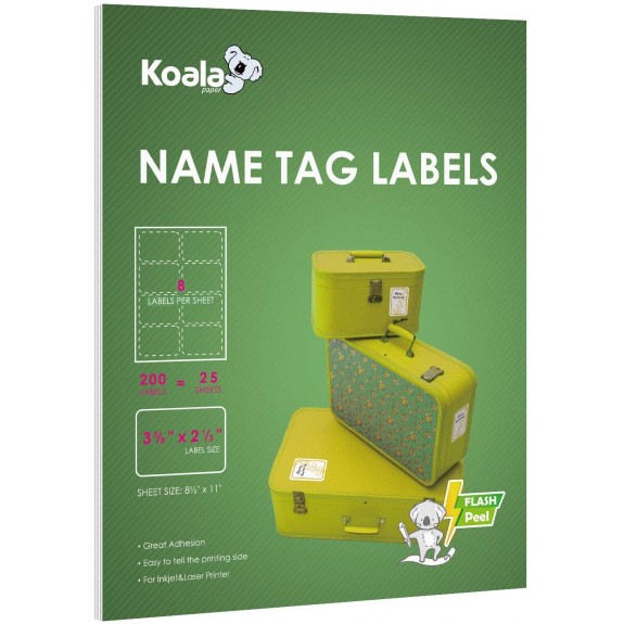 Koala Printable Name Tag Label Stickers 3 3/8 x 2 1/3 Inch 8 per Sheet 200 Labels for Laser and Inkjet Printers