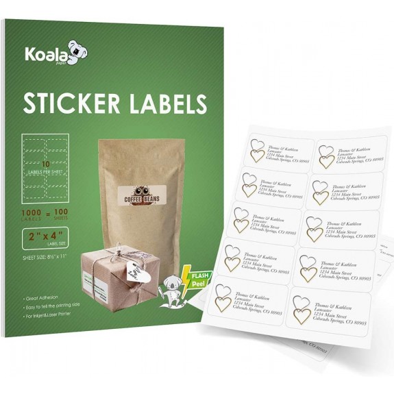Koala 10-UP Shipping Address Labels, 2x4 Inch Sticker Labels for Laser & Inkjet Printers,100 Sheets 1000 Labels