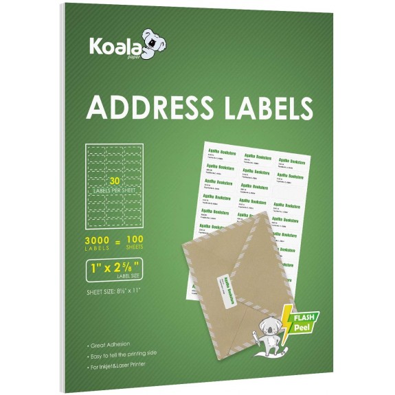Koala 30-UP Shipping Labels  1x2-5/8 Inch 100 Sheets 3000 Labels for Laser & Inkjet Printers