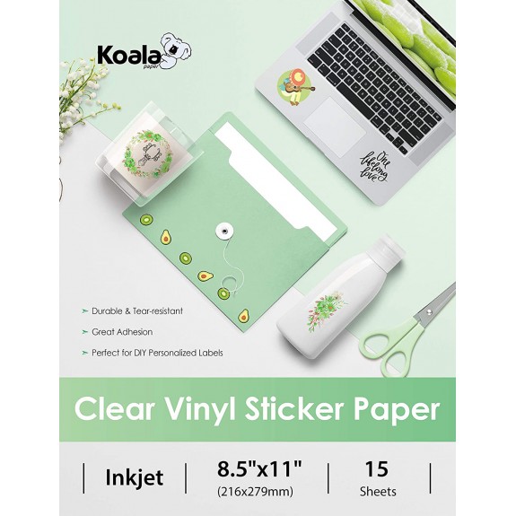 Koala Waterproof  Printable Clear Sticker Paper for Inkjet Printers 8.5x11 in 15 Sheets 