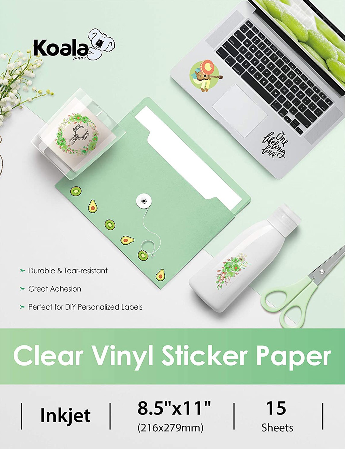 Koala Waterproof Printable Clear Sticker Paper for Inkjet Printers 8.5x11  in 15 Sheets