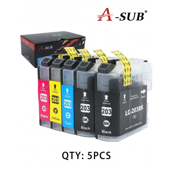 A-SUB Compatible Ink Cartridge Replacement for Brother LC203 LC203XL(5 Pack :2 Black, 1 Cyan, 1 Magenta, 1 Yellow)