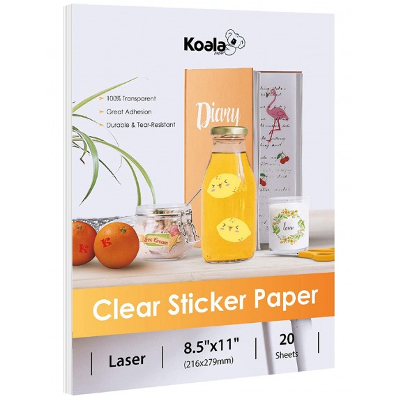 Koala Waterproof Printable Clear Sticker Paper for Laser Printers 8.5x11 in 20 Sheets