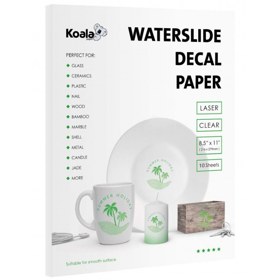 Koala Watersilde Decal Transfer Paper Clear 8.5x11 Inches Printable for Laser Printer