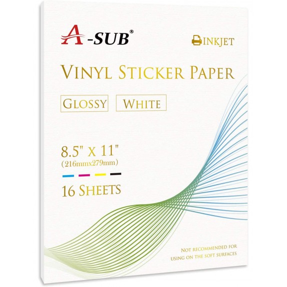 A-SUB Vinyl Sticker Paper Glossy Printable Label Waterproof 8.5x11 Inches Full Sheet for Inkjet Printer 16 Sheets